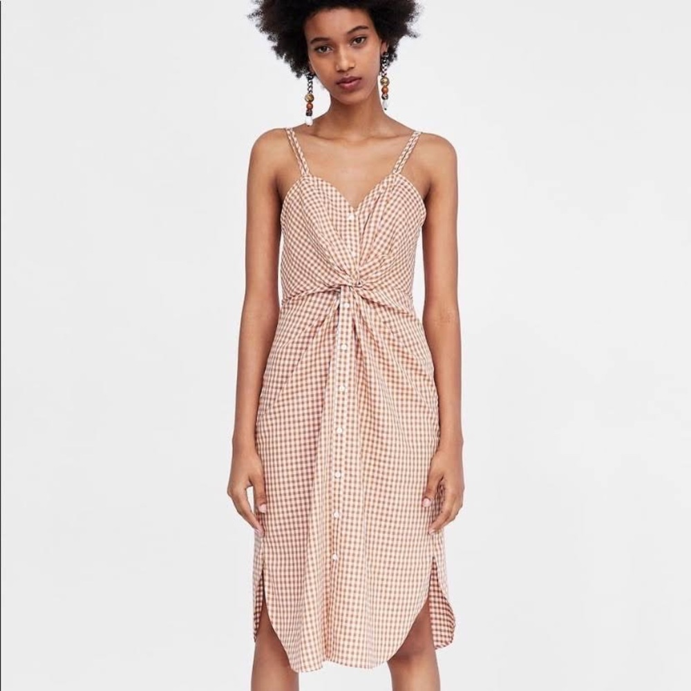 Zara Checkered / Gingham Orange Dress with Twisted Front.